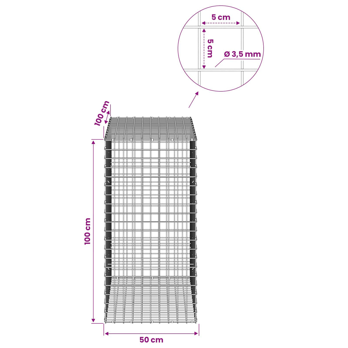 vidaXL Gabion z drutu 3,5 mm i siatką 5x5 cm 50x100x100 cm