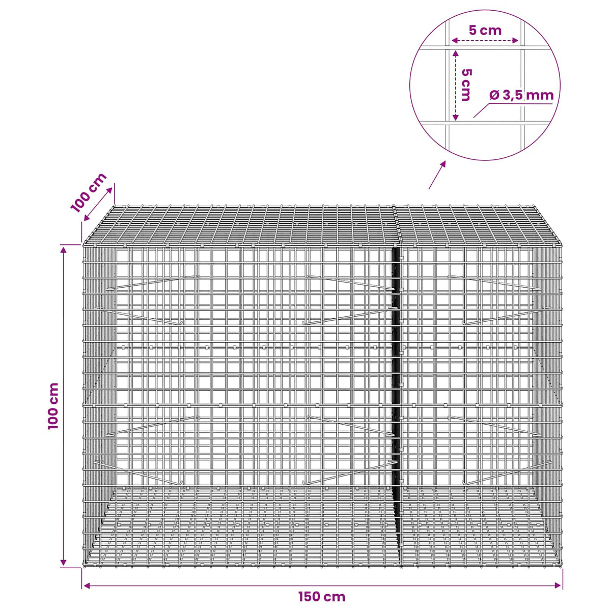 vidaXL Gabion z drutu 3,5 mm i siatką 5x5 cm 150x100x100 cm