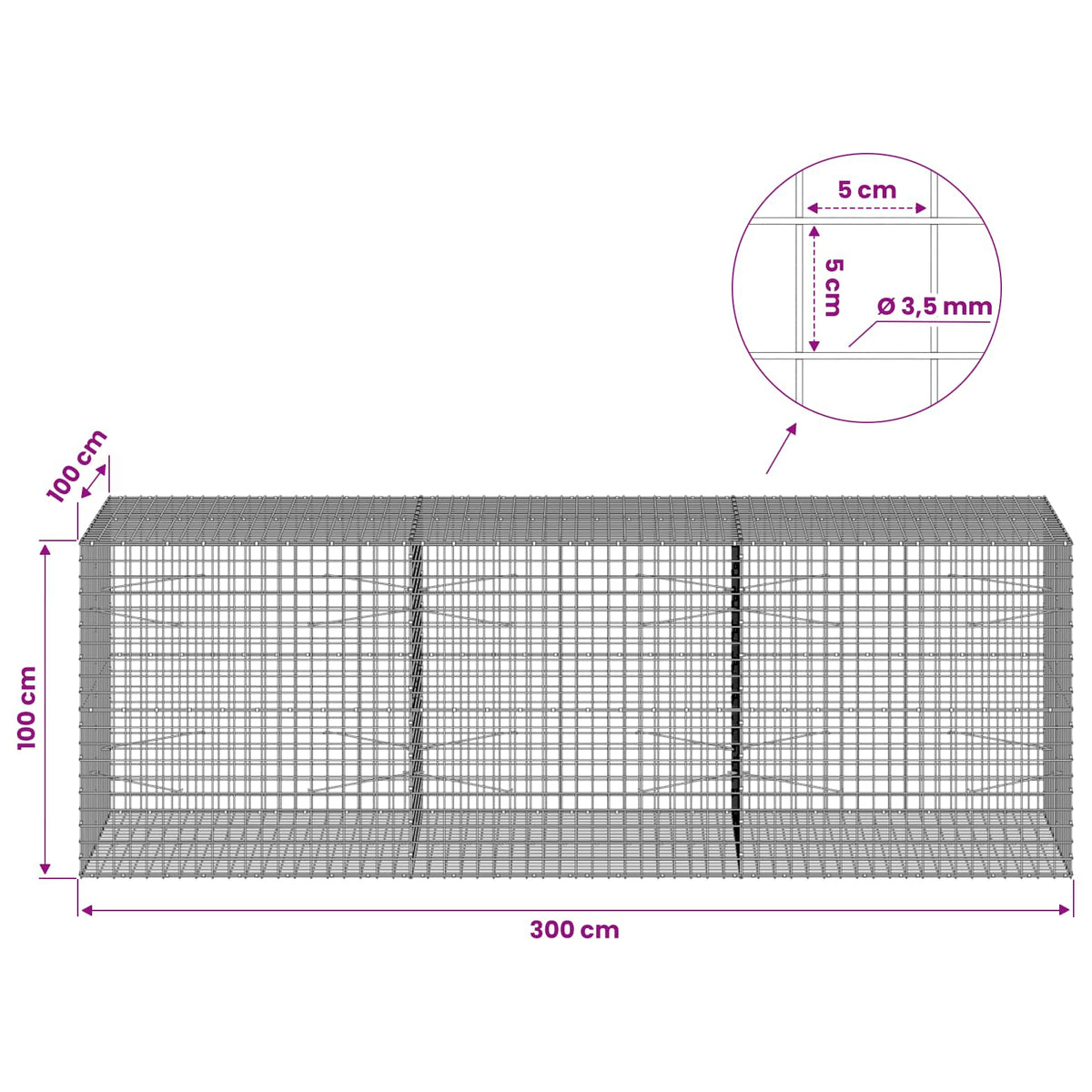 vidaXL Gabion z drutu 3,5 mm i siatką 5x5 cm 300x100x100 cm