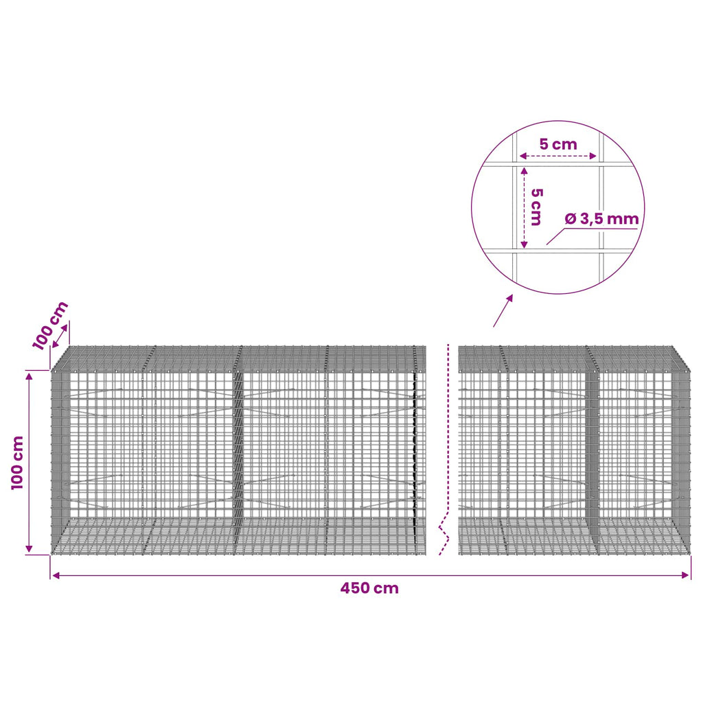 vidaXL Gabion z drutu 3,5 mm i siatką 5x5 cm 450x100x100 cm