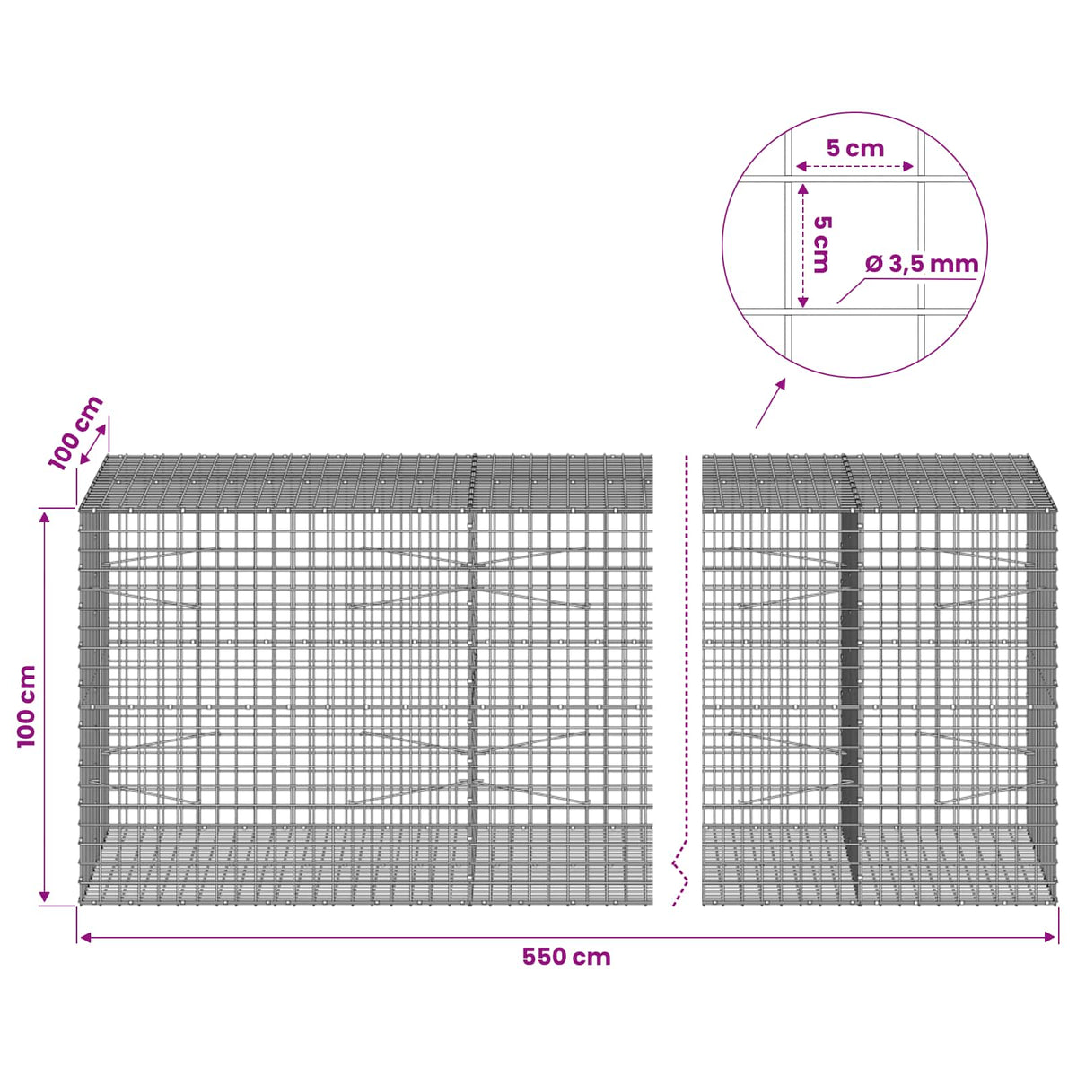 vidaXL Gabion z drutu 3,5 mm i siatką 5x5 cm 550x100x100 cm