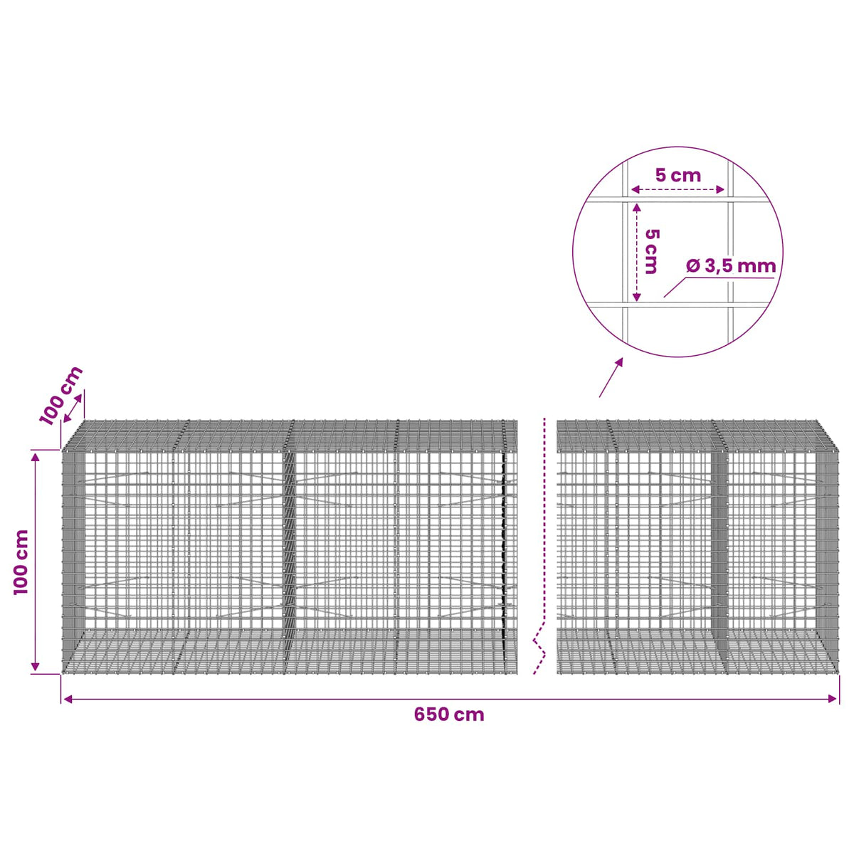 vidaXL Gabion z drutu 3,5 mm i siatką 5x5 cm 650x100x100 cm
