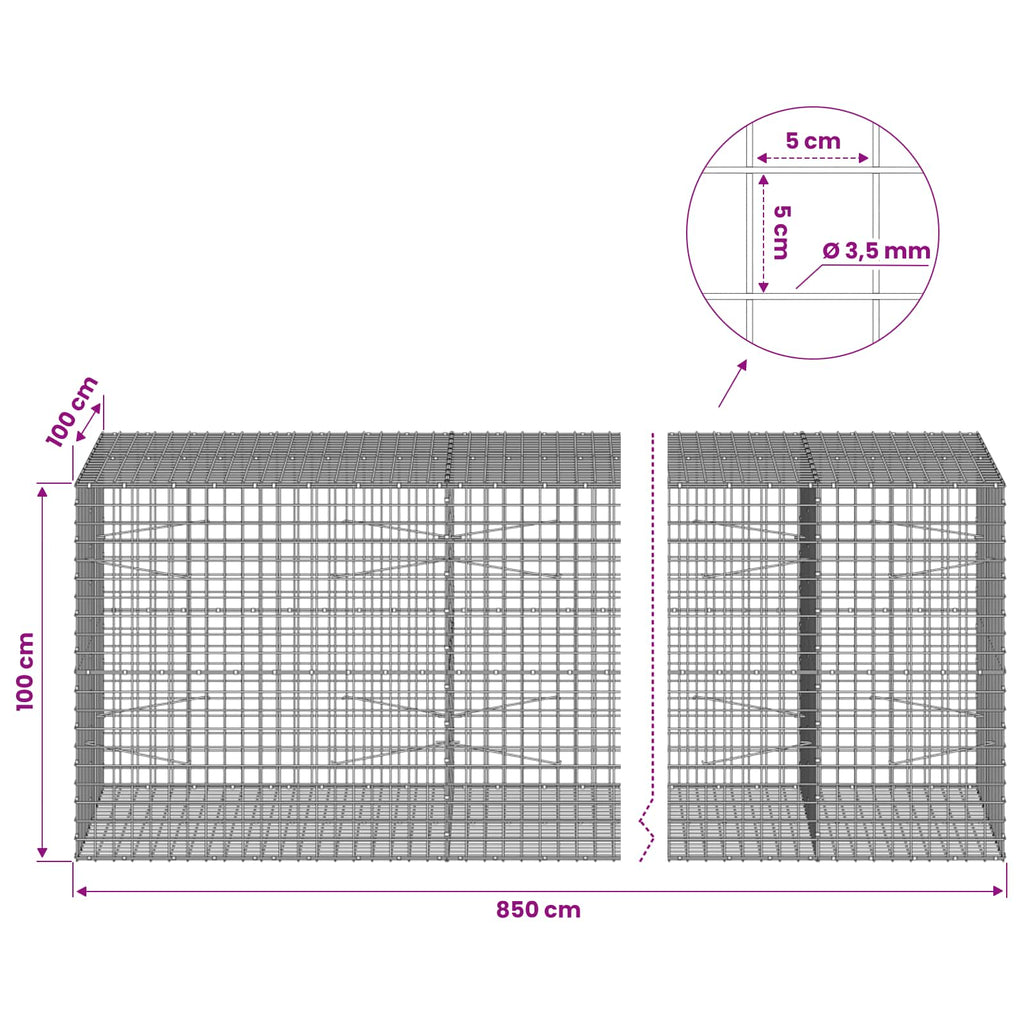 vidaXL Gabion z drutu 3,5 mm i siatką 5x5 cm 850x100x100 cm