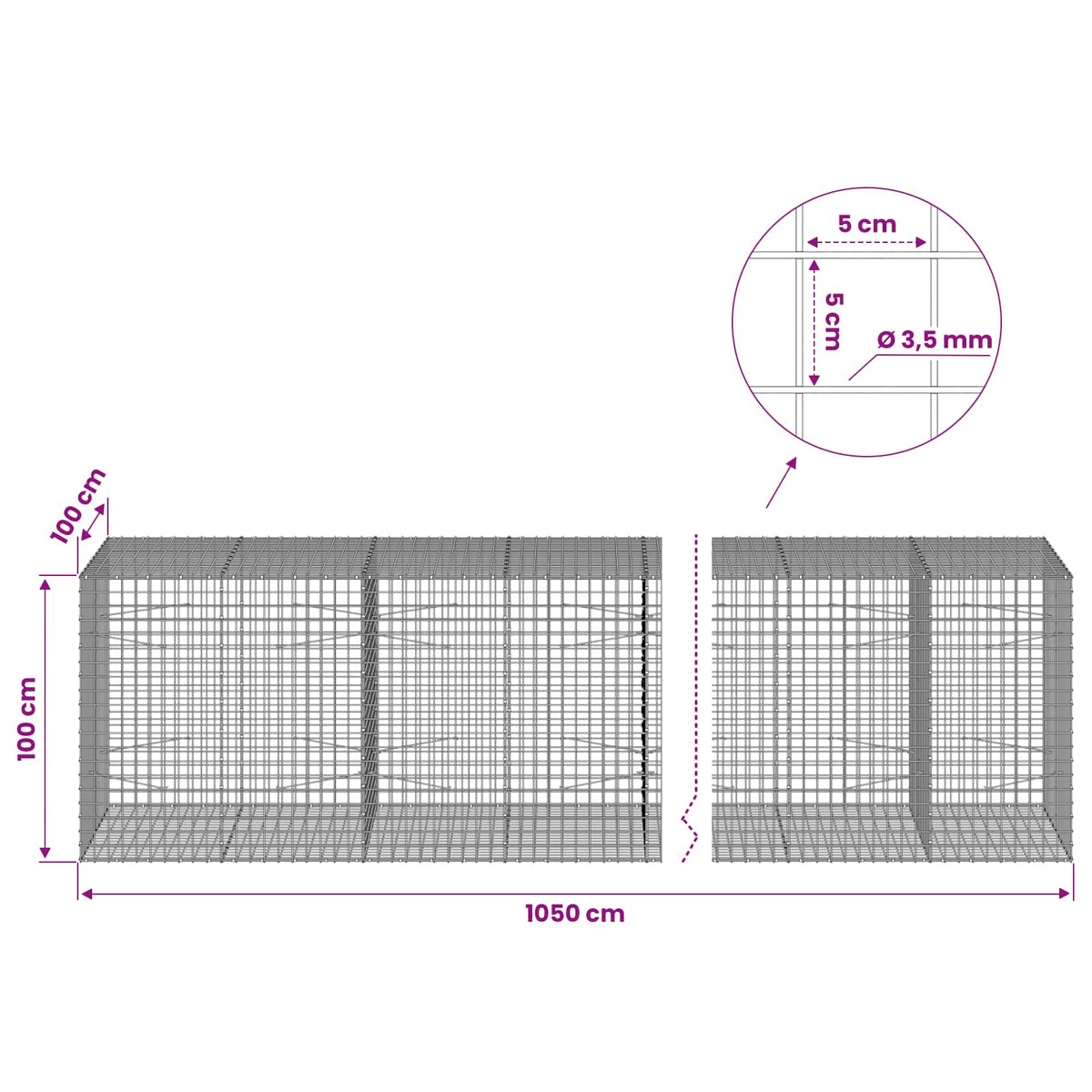 vidaXL Gabion z drutu 3,5 mm i siatką 5x5 cm 1050x100x100 cm