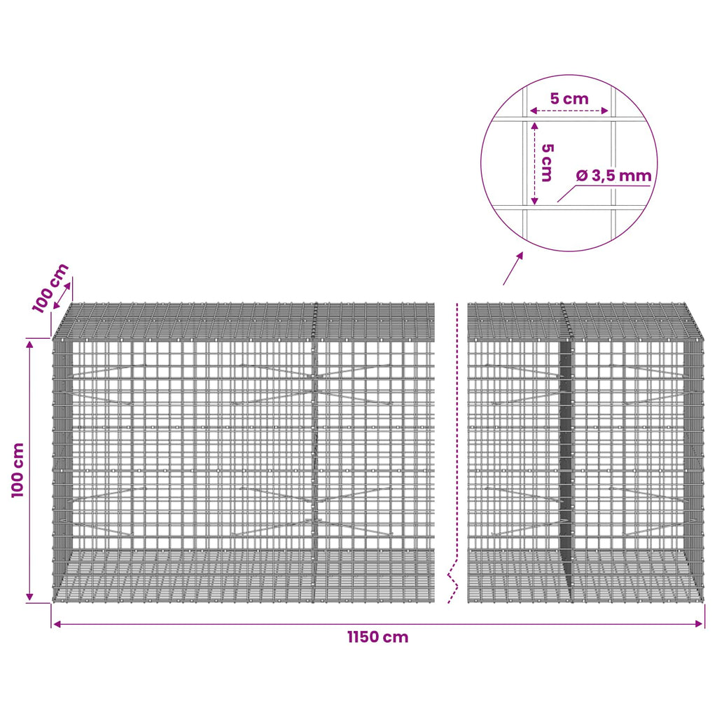 vidaXL Gabion z drutu 3,5 mm i siatką 5x5 cm 1150x100x100 cm