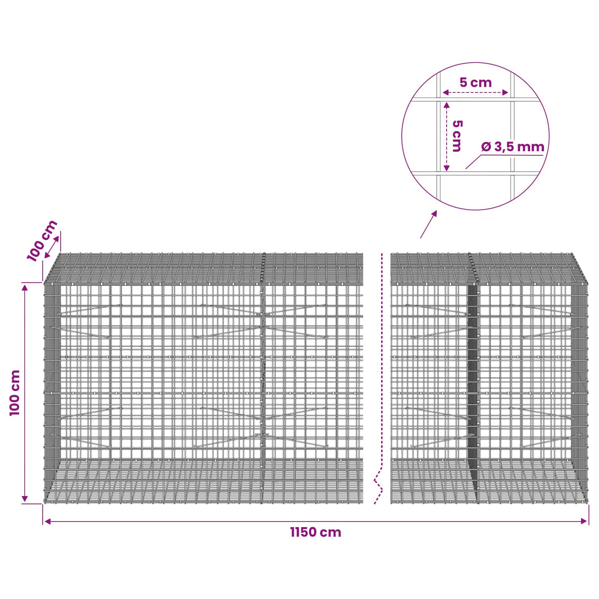 vidaXL Gabion z drutu 3,5 mm i siatką 5x5 cm 1150x100x100 cm