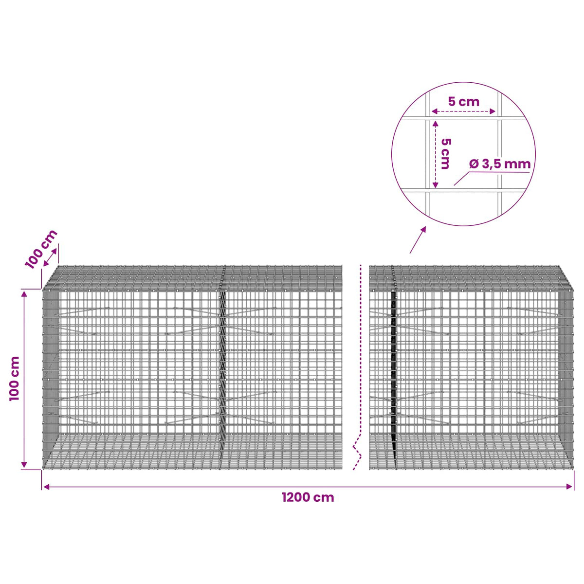 vidaXL Gabion z drutu 3,5 mm i siatką 5x5 cm 1200x100x100 cm