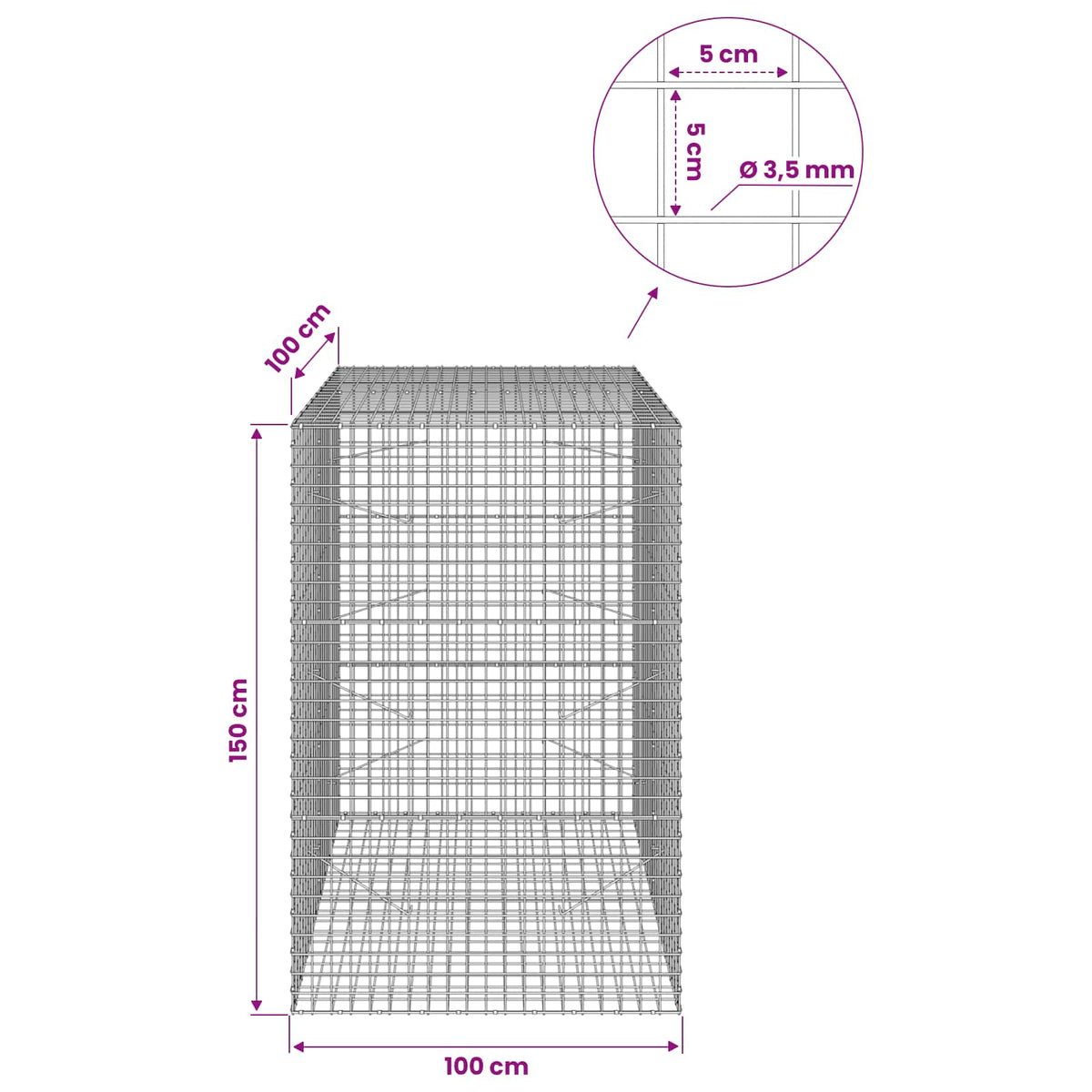 vidaXL Gabion z drutu 3,5 mm i siatką 5x5 cm 100x100x150 cm