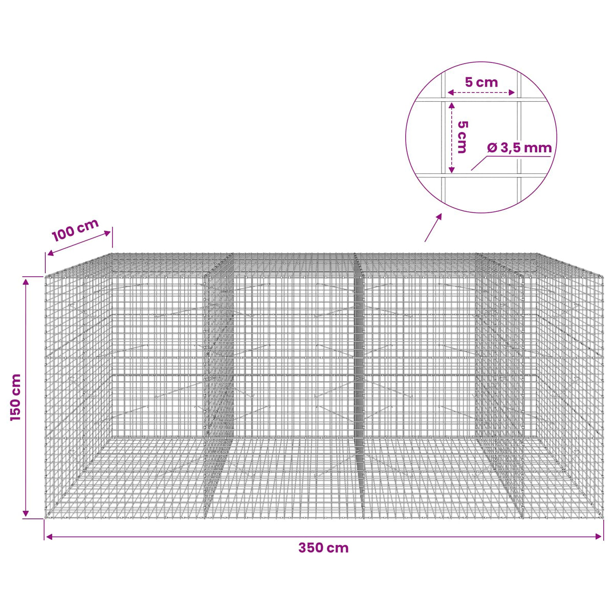 vidaXL Gabion z drutu 3,5 mm i siatką 5x5 cm 350x100x150 cm