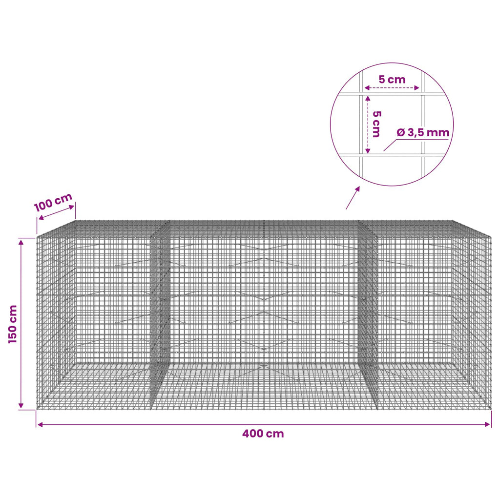 vidaXL Gabion z drutu 3,5 mm i siatką 5x5 cm 400x100x150 cm