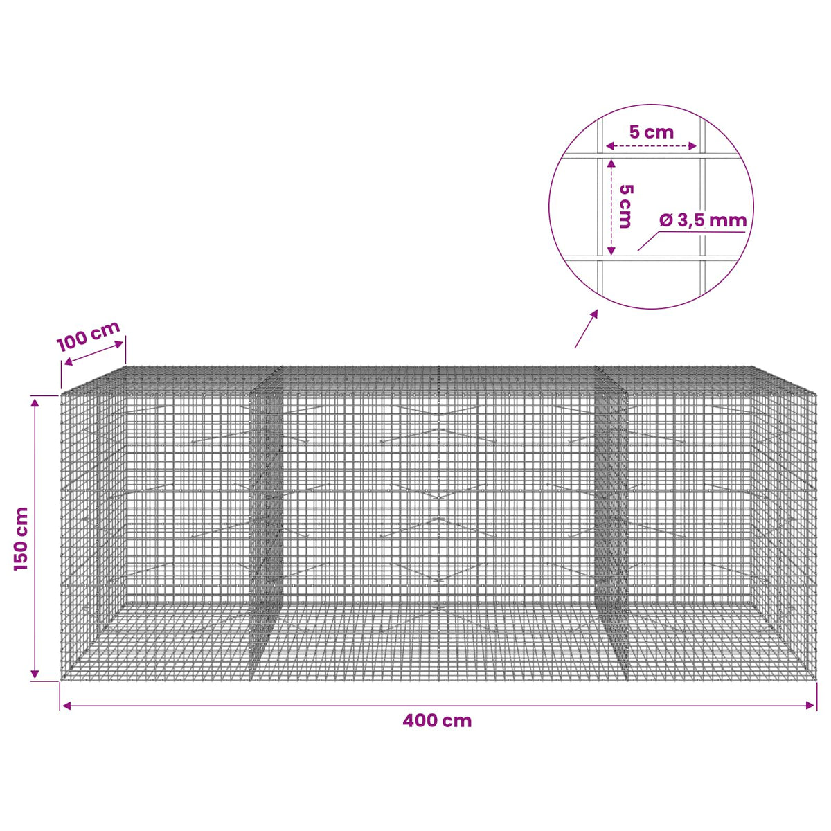 vidaXL Gabion z drutu 3,5 mm i siatką 5x5 cm 400x100x150 cm