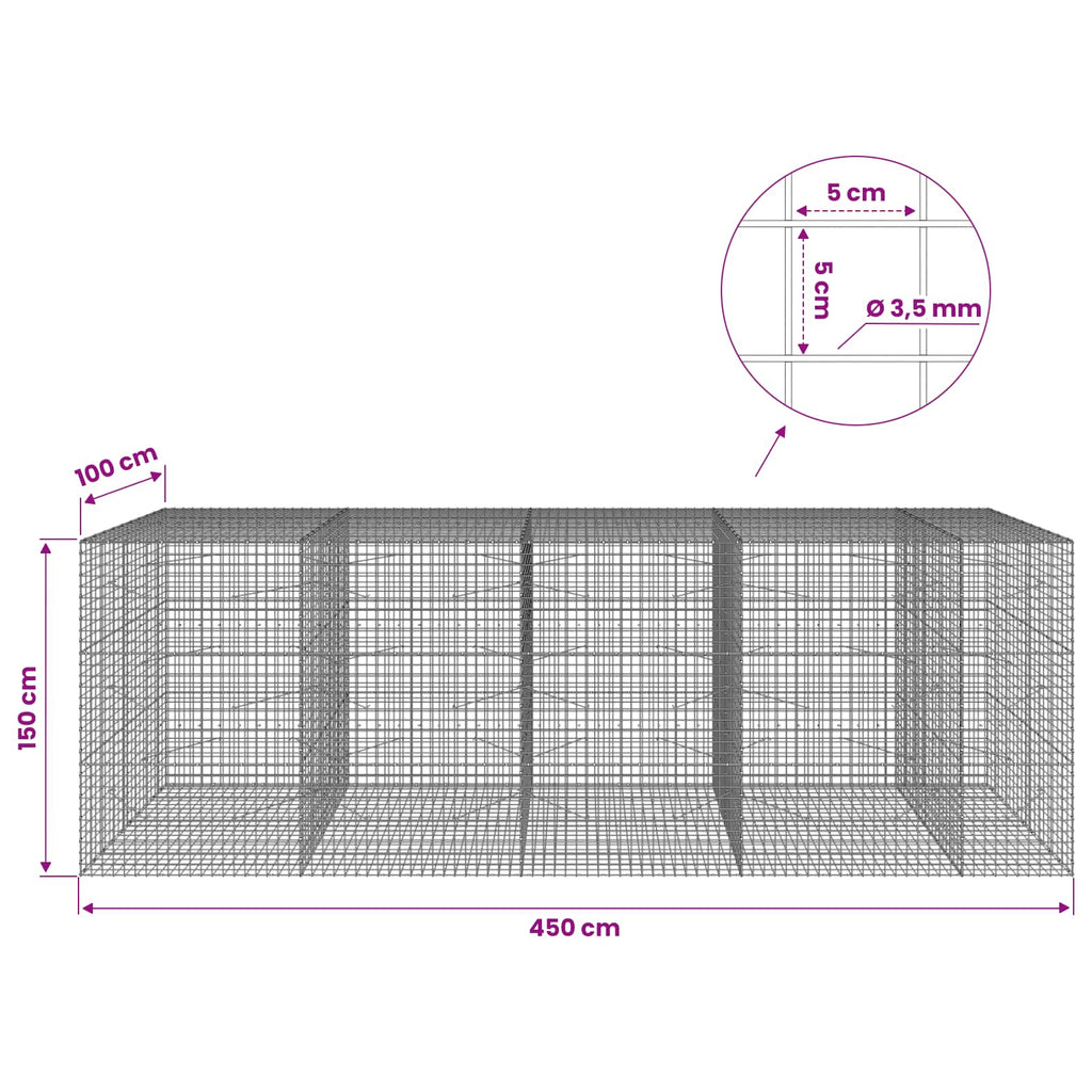 vidaXL Gabion z drutu 3,5 mm i siatką 5x5 cm 450x100x150 cm