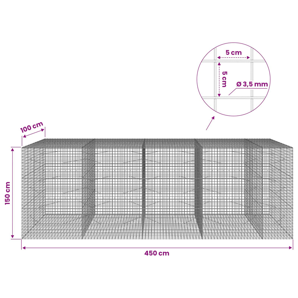 vidaXL Gabion z drutu 3,5 mm i siatką 5x5 cm 450x100x150 cm