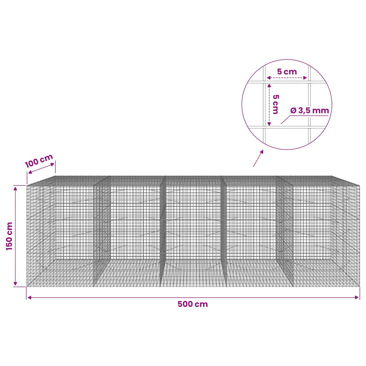 vidaXL Gabion z drutu 3,5 mm i siatką 5x5 cm 500x100x150 cm
