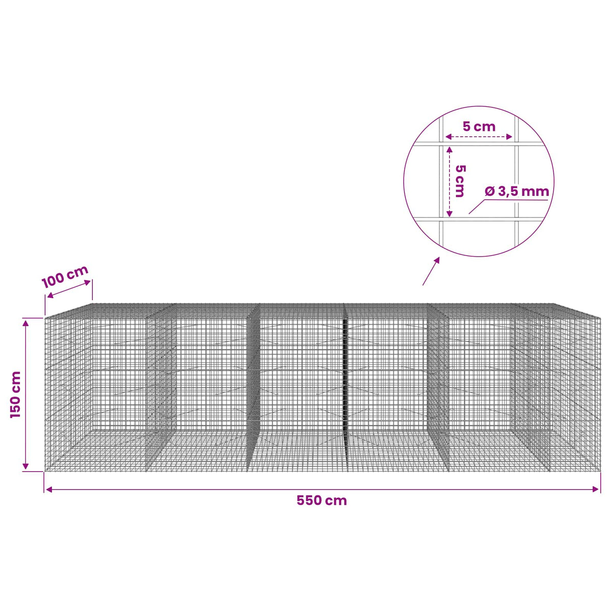vidaXL Gabion z drutu 3,5 mm i siatką 5x5 cm 550x100x150 cm