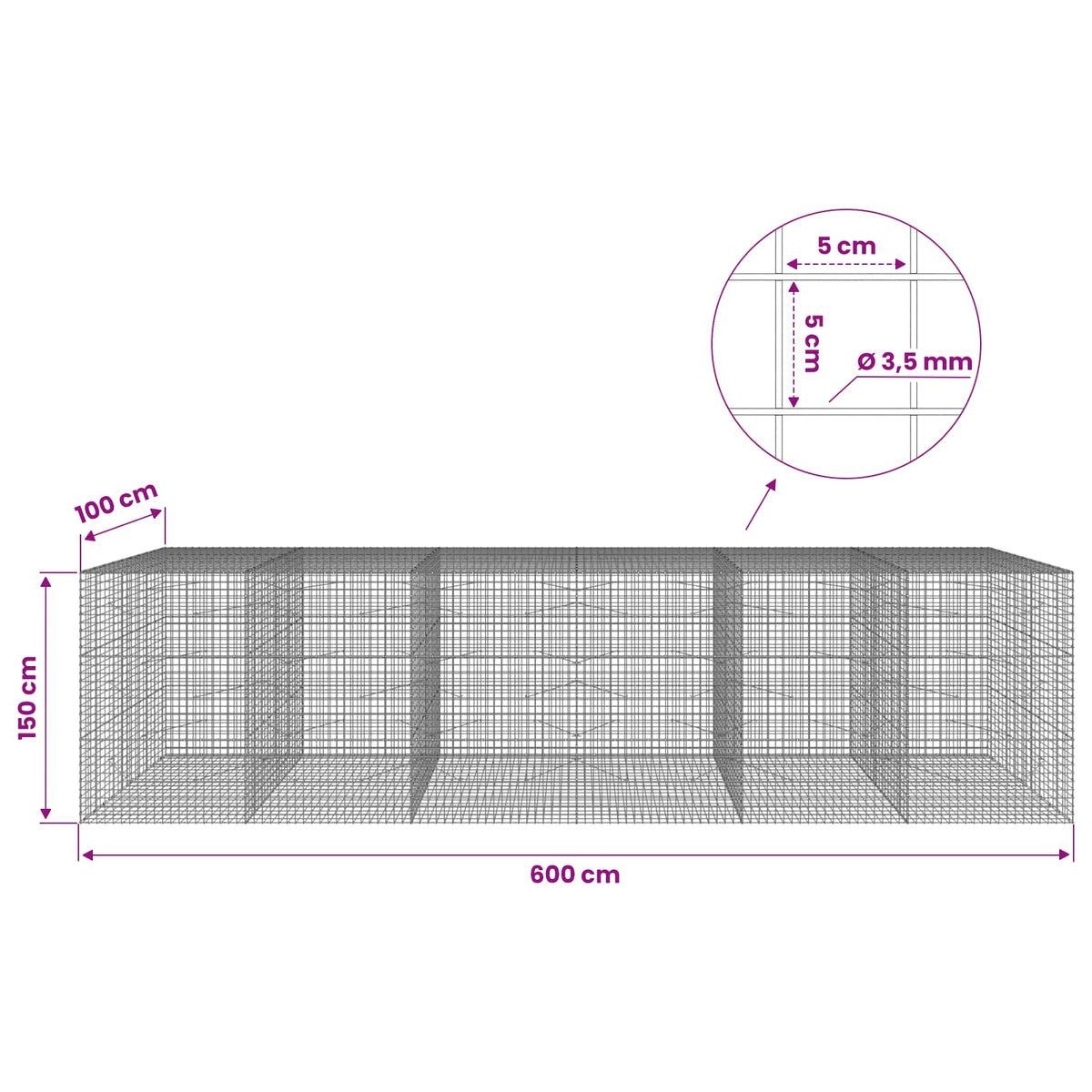 vidaXL Gabion z drutu 3,5 mm i siatką 5x5 cm 600x100x150 cm