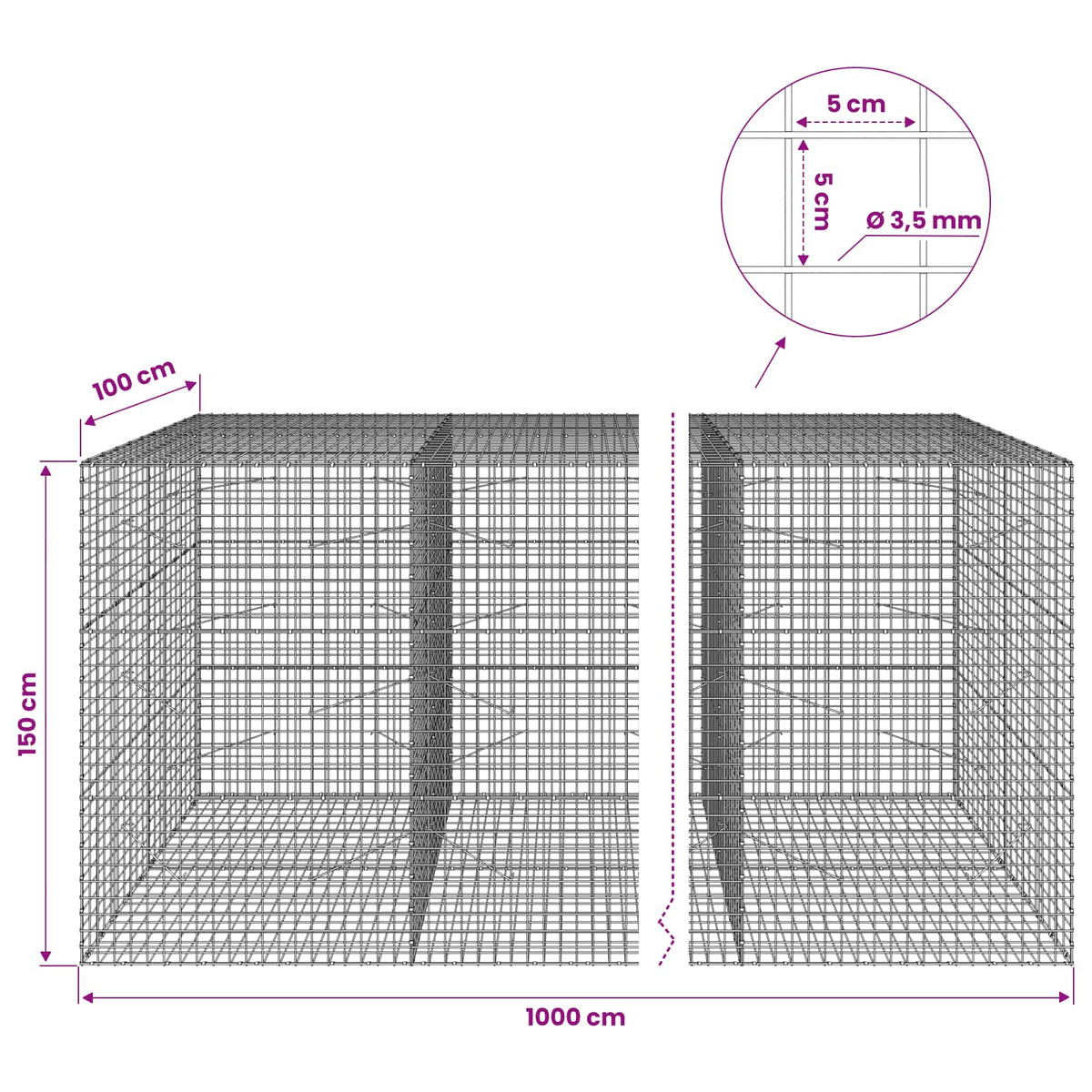 vidaXL Gabion z drutu 3,5 mm i siatką 5x5 cm 1000x100x150 cm
