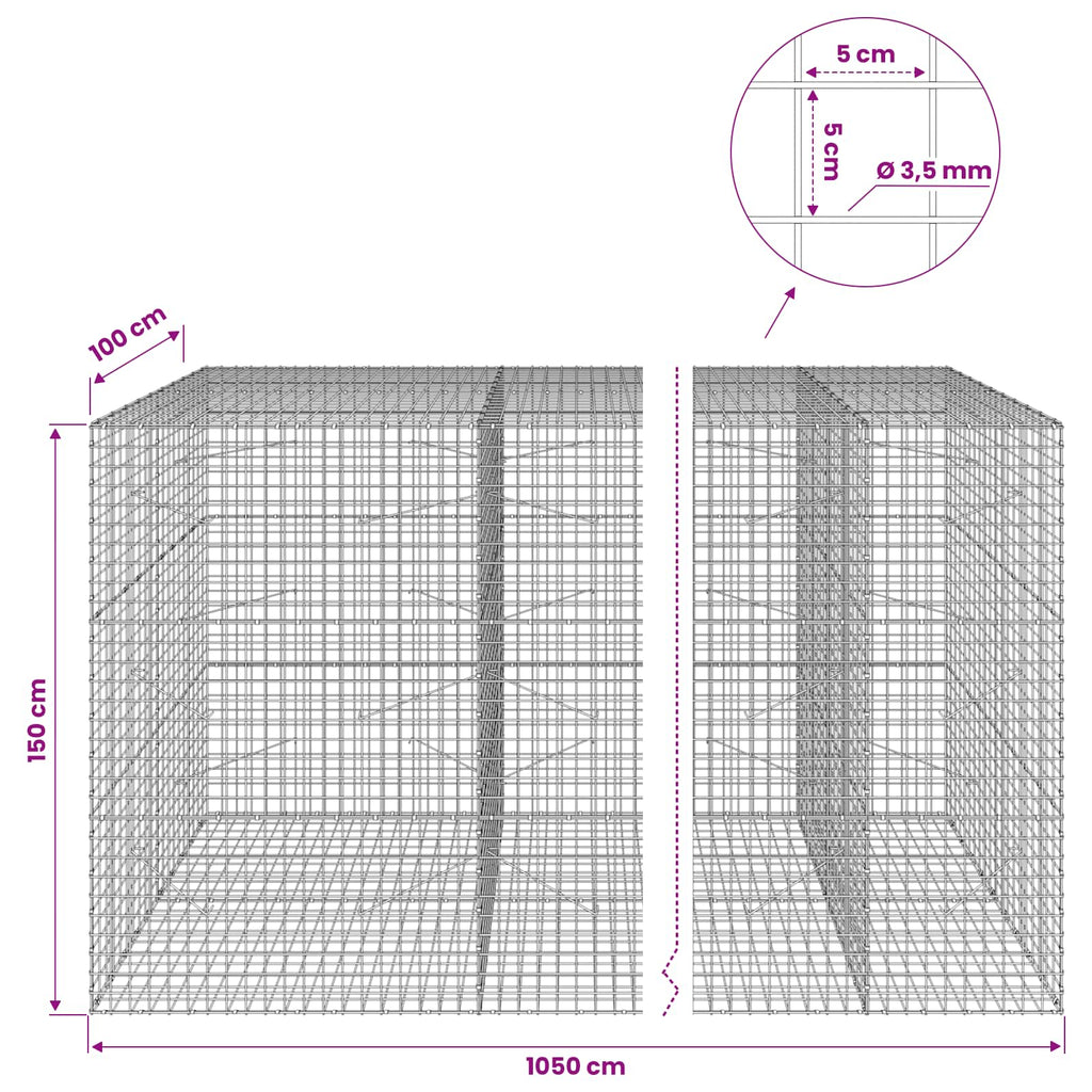 vidaXL Gabion z drutu 3,5 mm i siatką 5x5 cm 1050x100x150 cm