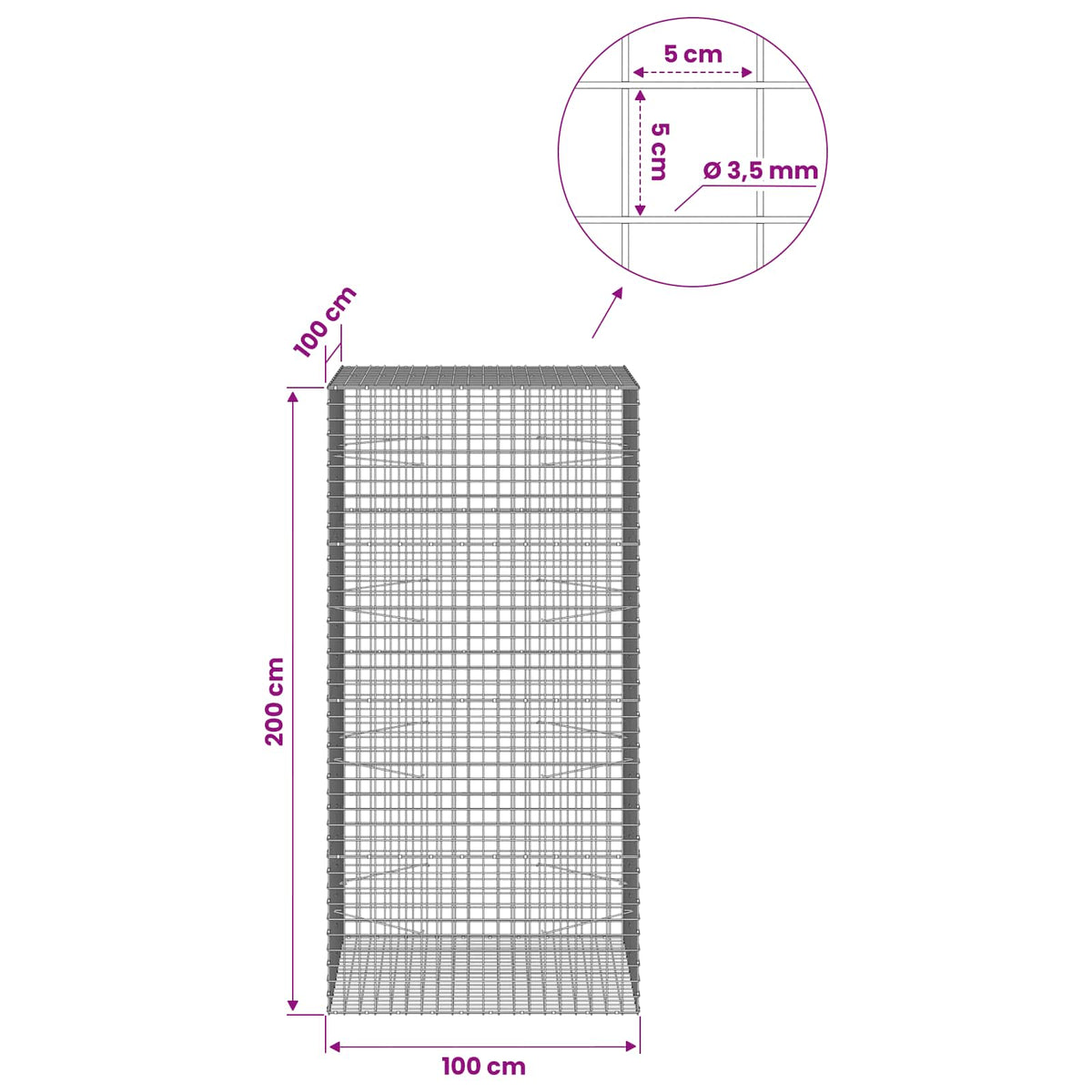 vidaXL Gabion z drutu 3,5 mm i siatką 5x5 cm 100x100x200 cm