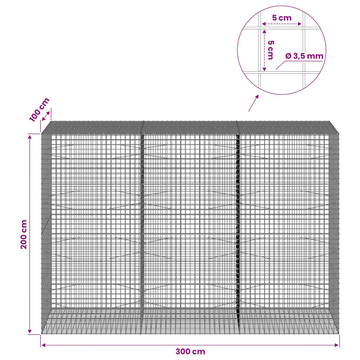 vidaXL Gabion z drutu 3,5 mm i siatką 5x5 cm 300x100x200 cm