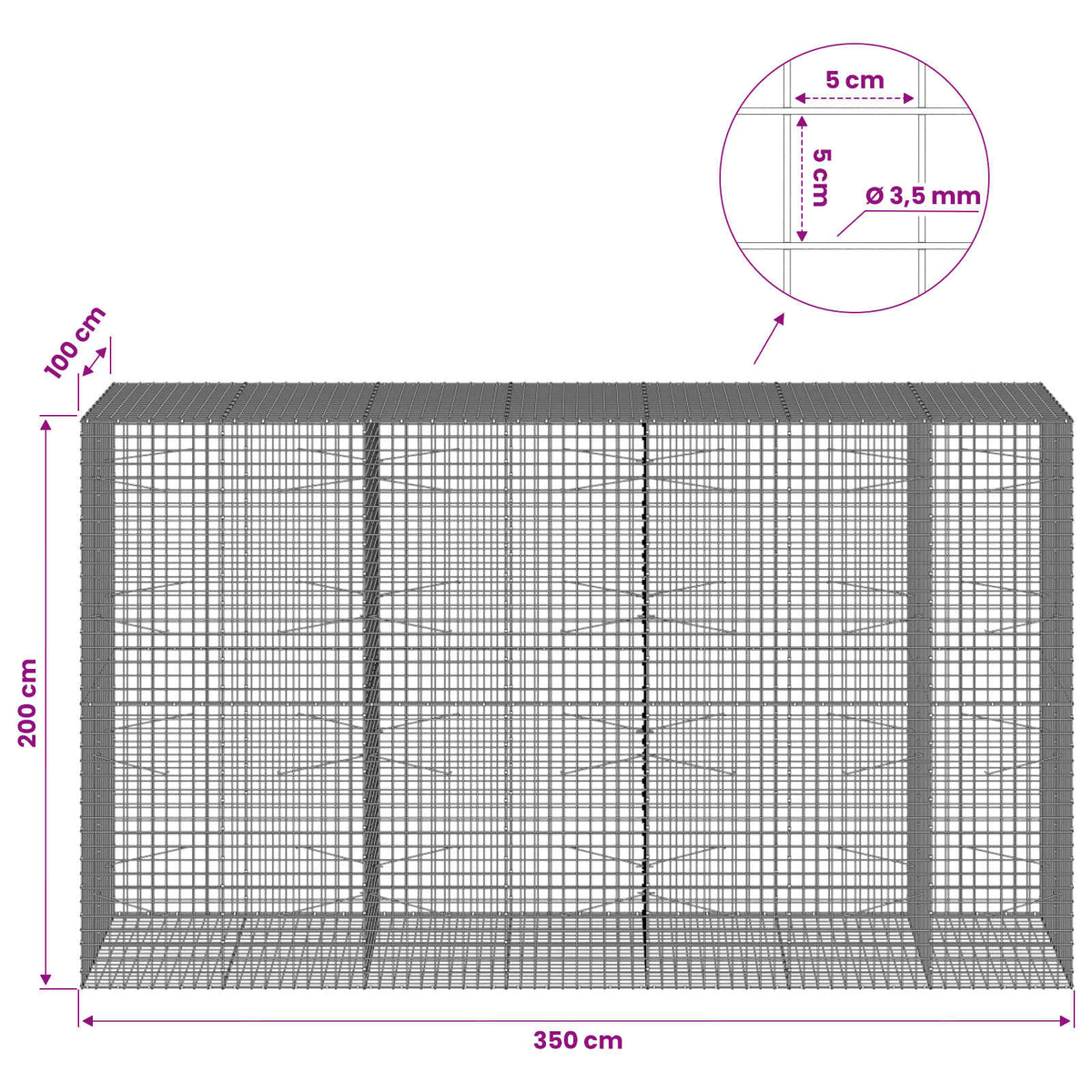 vidaXL Gabion z drutu 3,5 mm i siatką 5x5 cm 350x100x200 cm