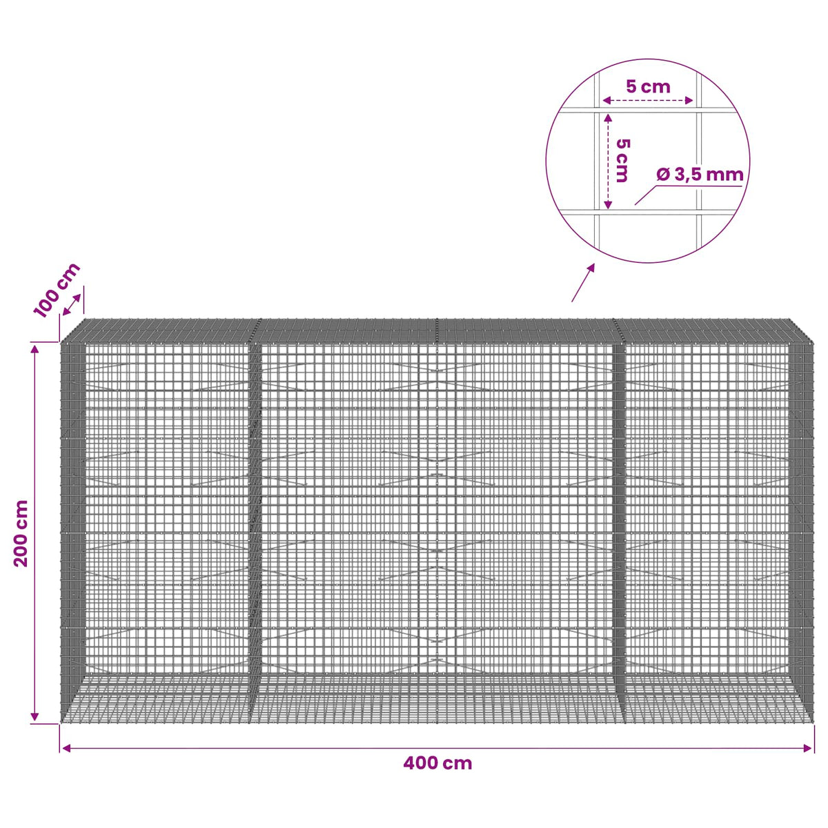 vidaXL Gabion z drutu 3,5 mm i siatką 5x5 cm 400x100x200 cm