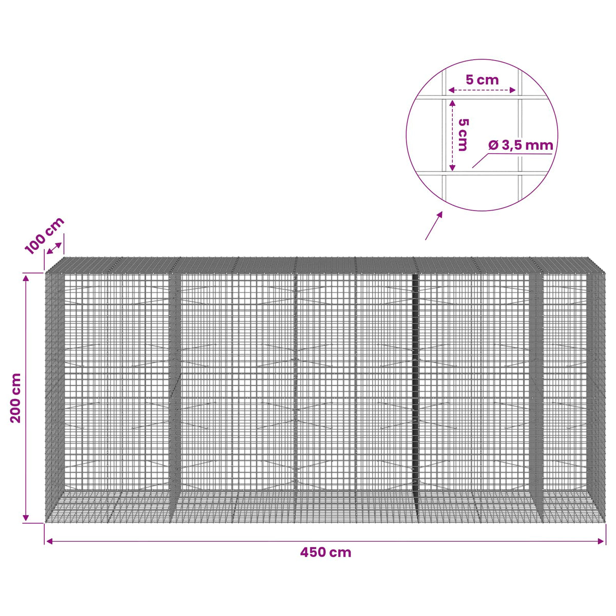 vidaXL Gabion z drutu 3,5 mm i siatką 5x5 cm 450x100x200 cm