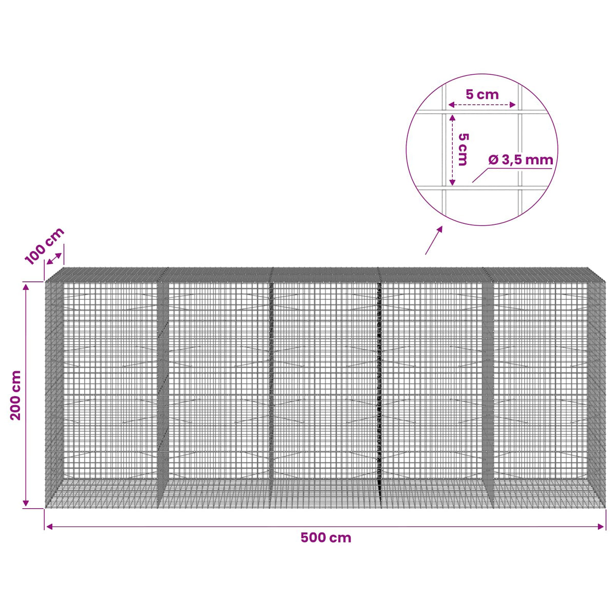 vidaXL Gabion z drutu 3,5 mm i siatką 5x5 cm 500x100x200 cm