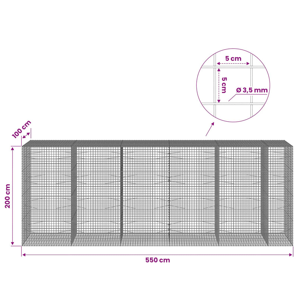 vidaXL Gabion z drutu 3,5 mm i siatką 5x5 cm 550x100x200 cm