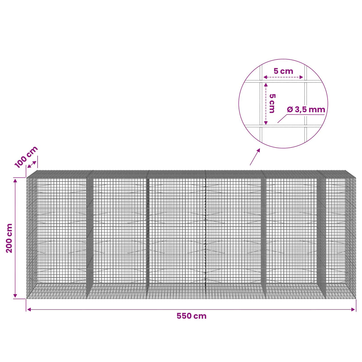 vidaXL Gabion z drutu 3,5 mm i siatką 5x5 cm 550x100x200 cm