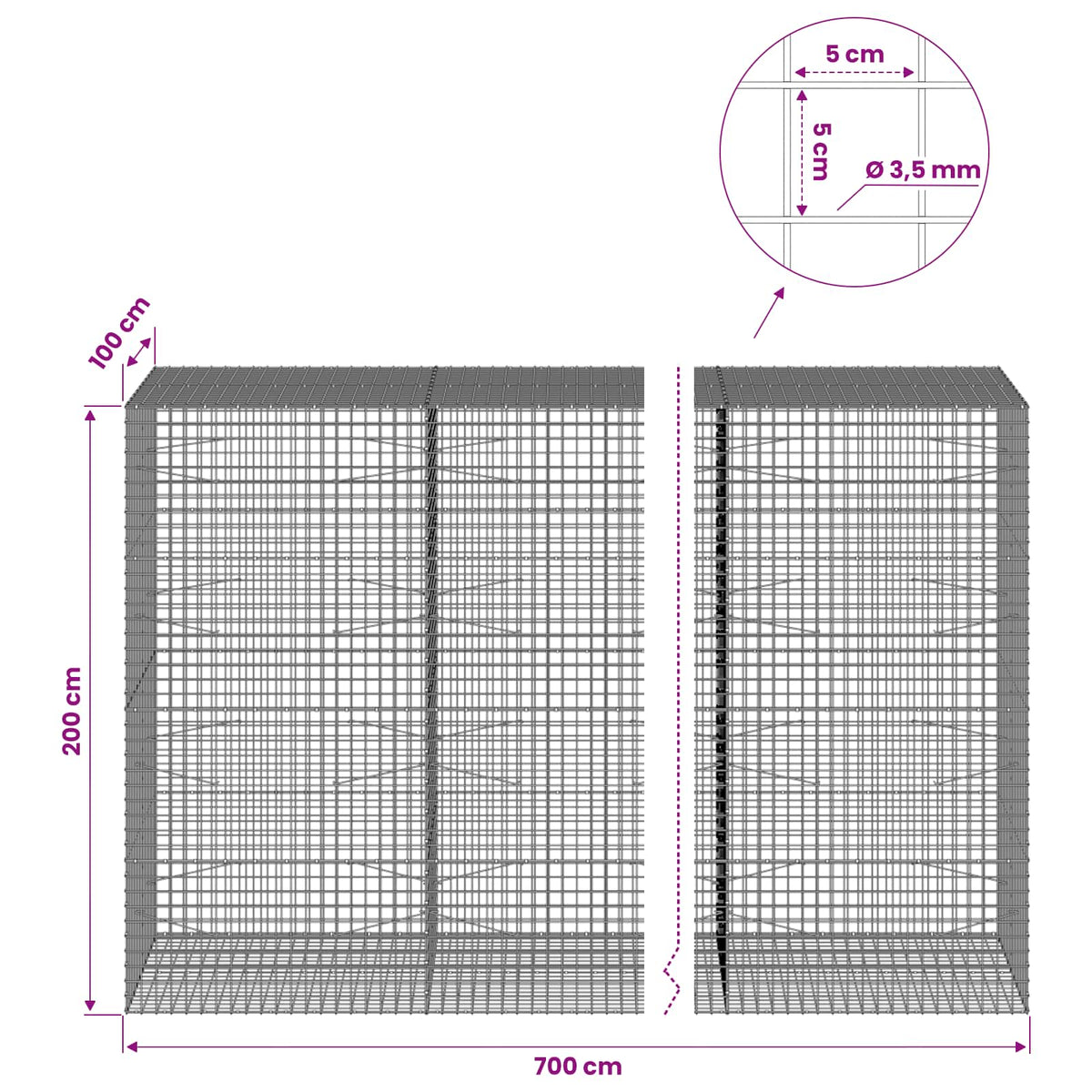 vidaXL Gabion z drutu 3,5 mm i siatką 5x5 cm 700x100x200 cm