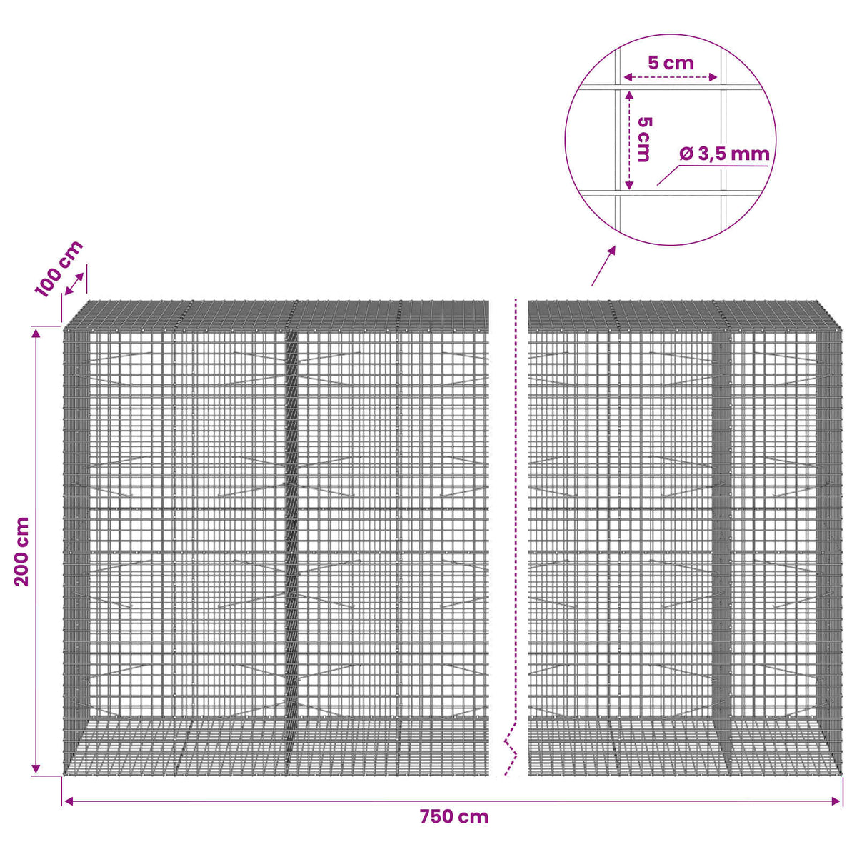 vidaXL Gabion z drutu 3,5 mm i siatką 5x5 cm 750x100x200 cm