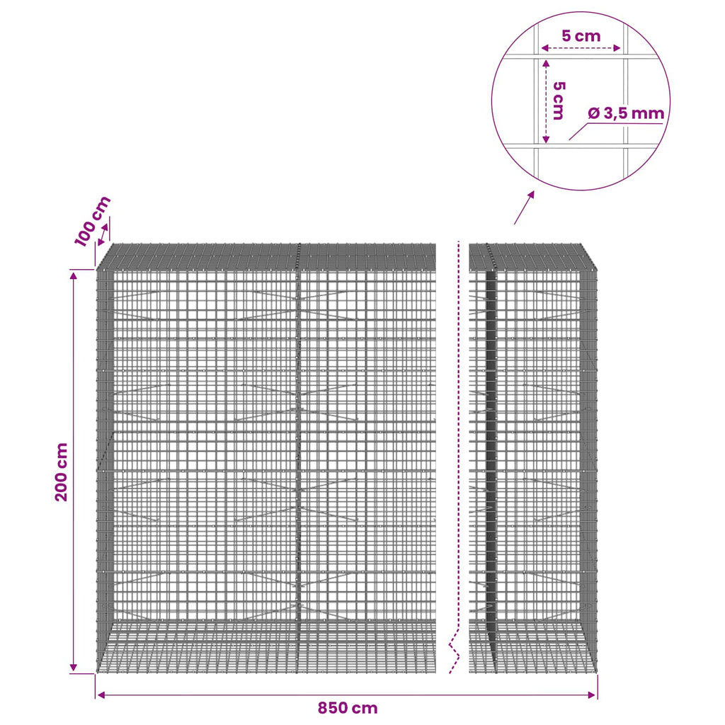 vidaXL Gabion z drutu 3,5 mm i siatką 5x5 cm 850x100x200 cm