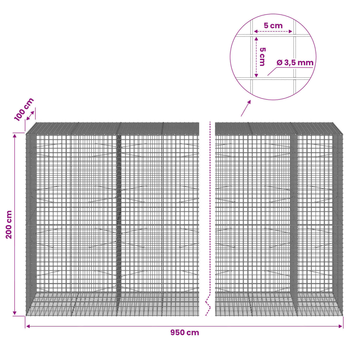 vidaXL Gabion z drutu 3,5 mm i siatką 5x5 cm 950x100x200 cm
