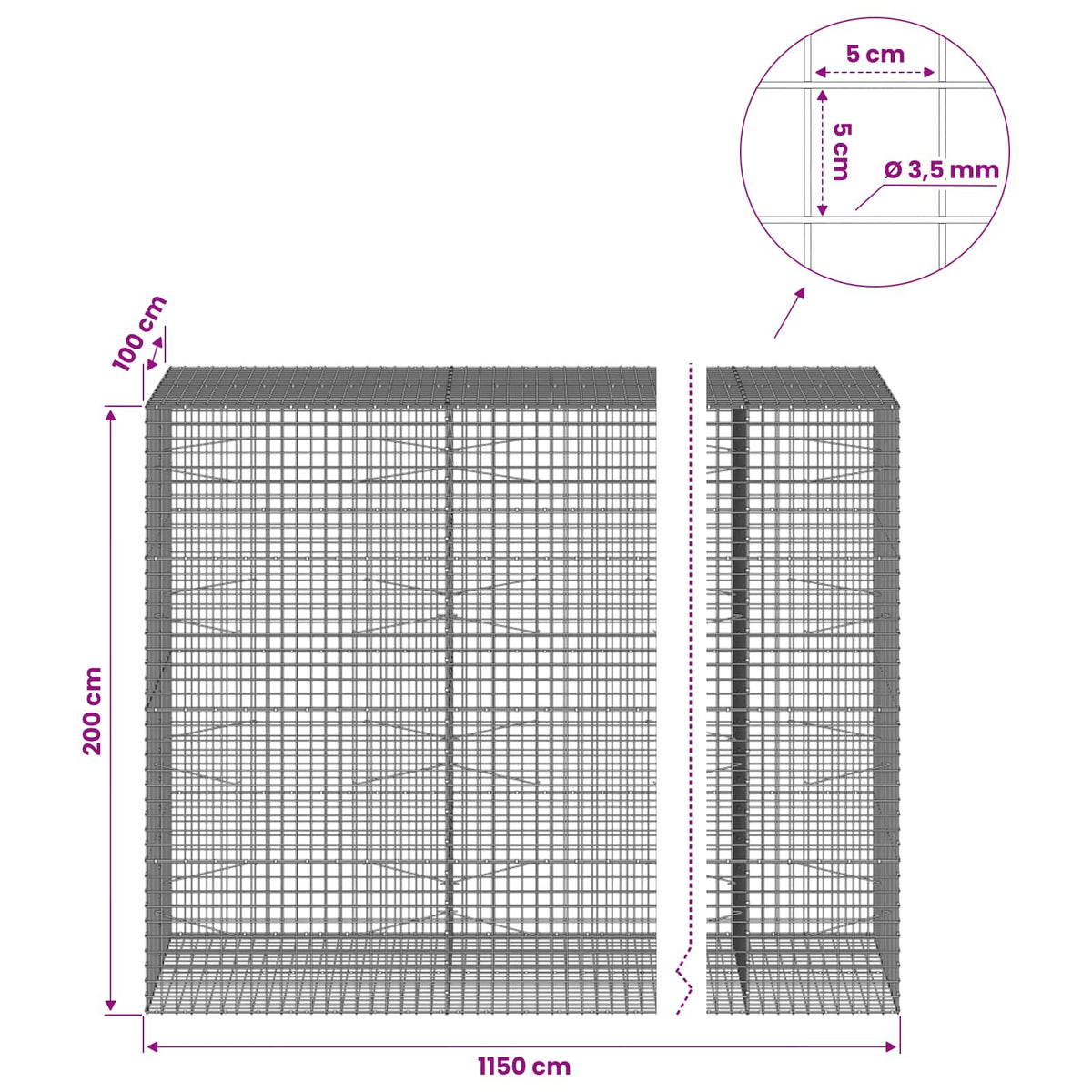 vidaXL Gabion z drutu 3,5 mm i siatką 5x5 cm 1150x100x200 cm
