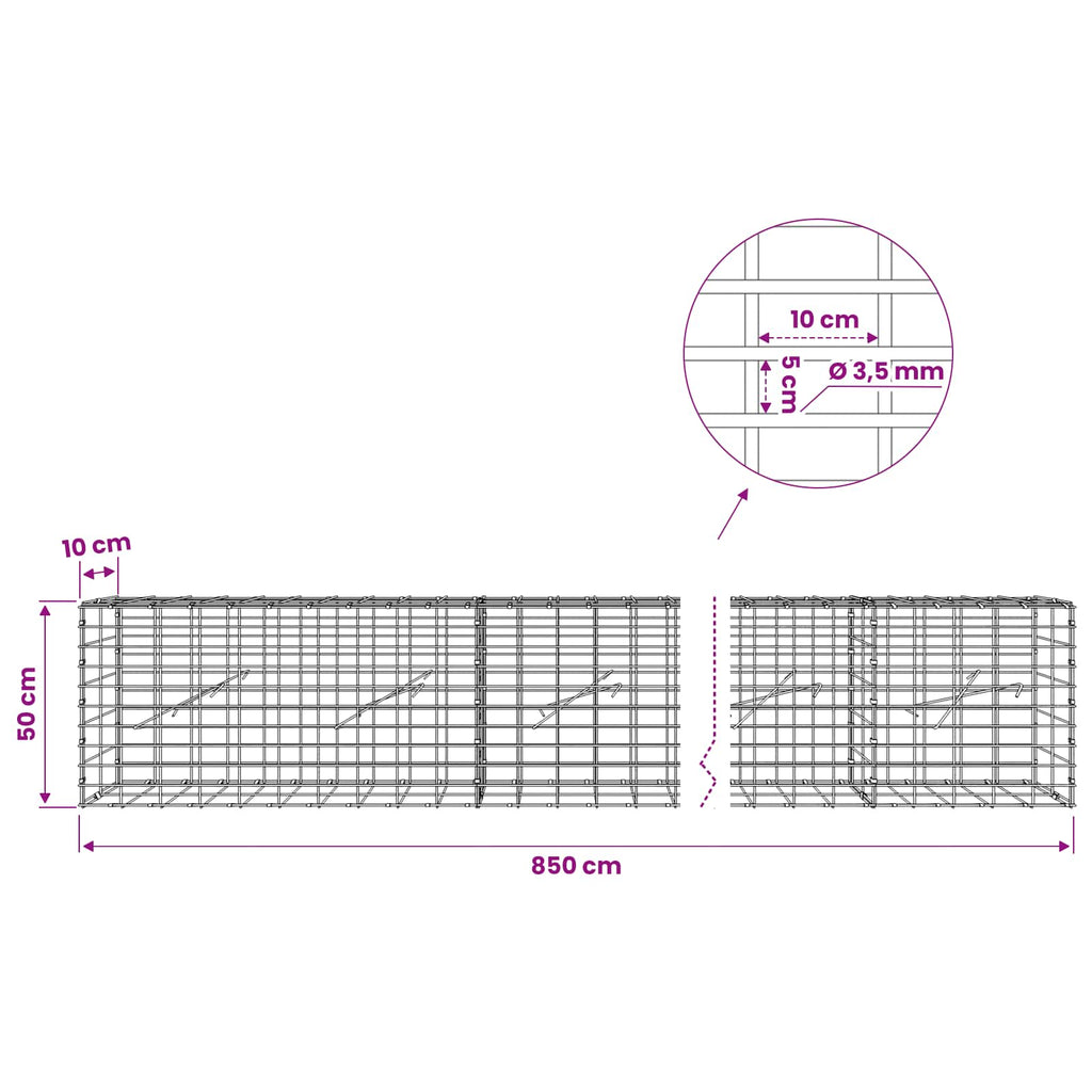 vidaXL Gabion z drutu 3,5 mm i siatką 5x10 cm 850x10x50 cm