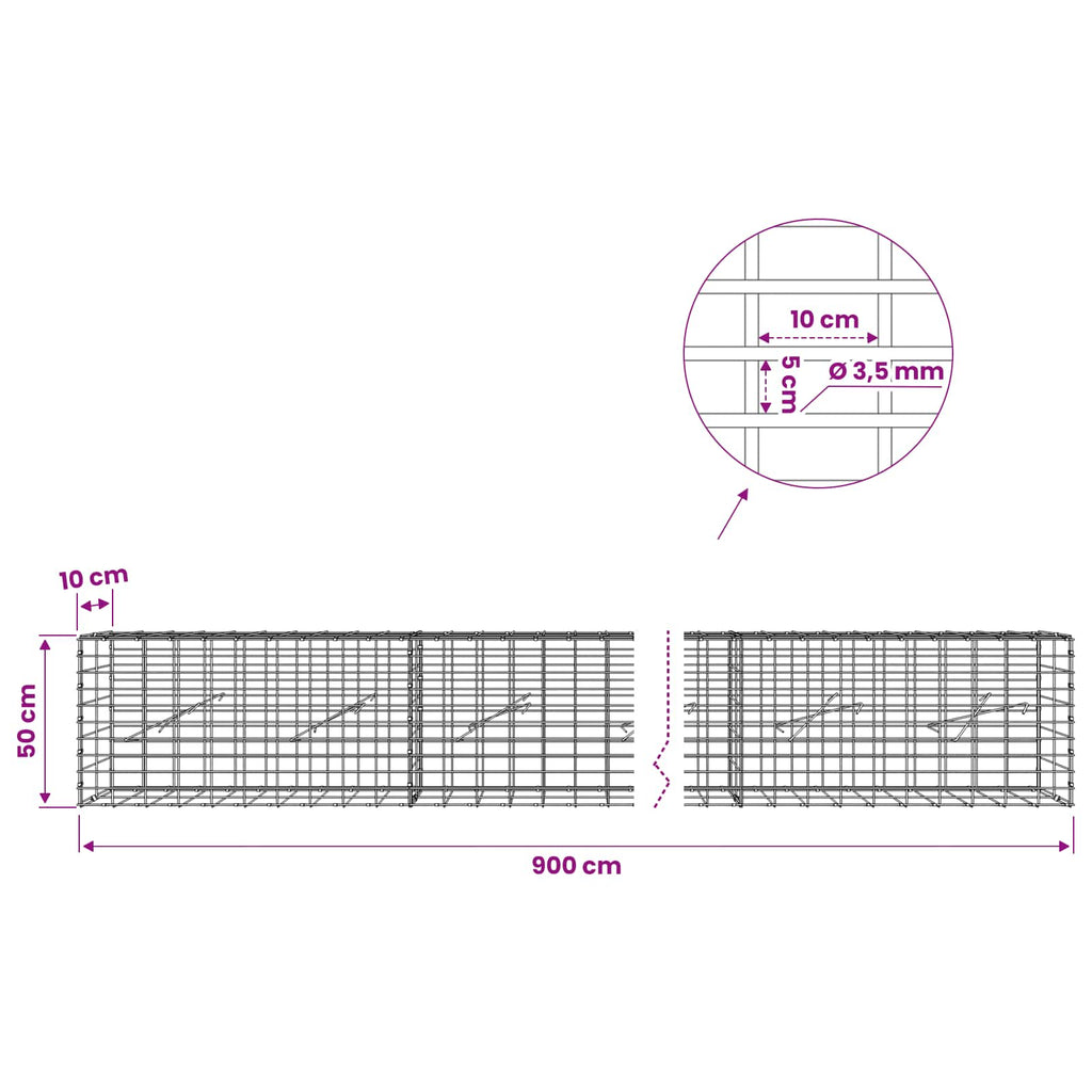 vidaXL Gabion z drutu 3,5 mm i siatką 5x10 cm 900x10x50 cm