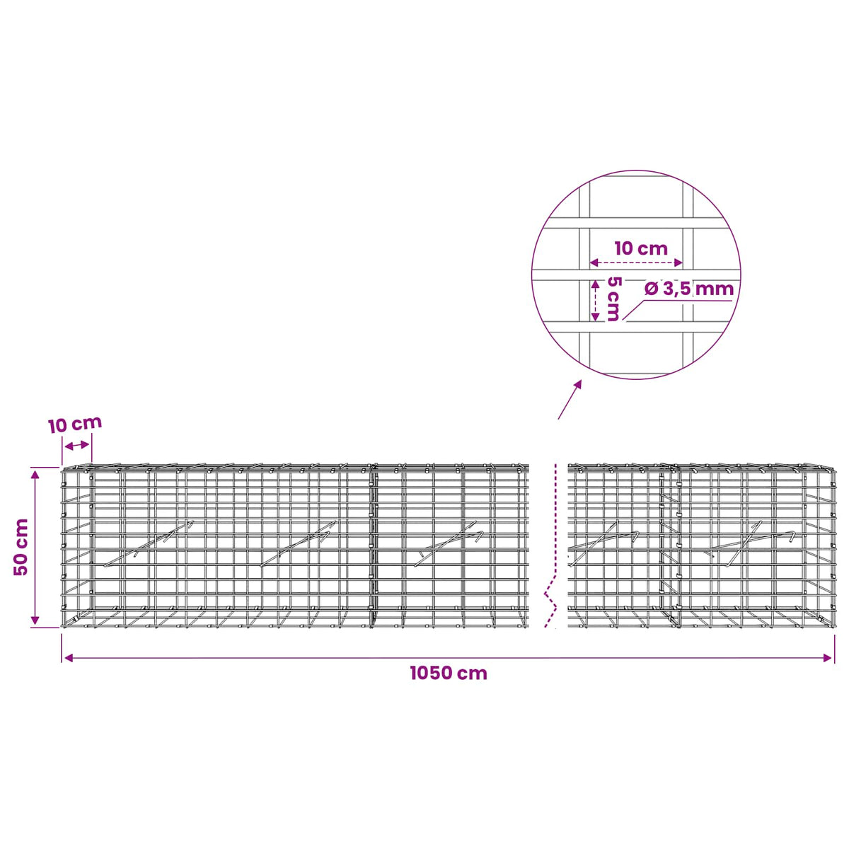 vidaXL Gabion z drutu 3,5 mm i siatką 5x10 cm 1050x10x50 cm