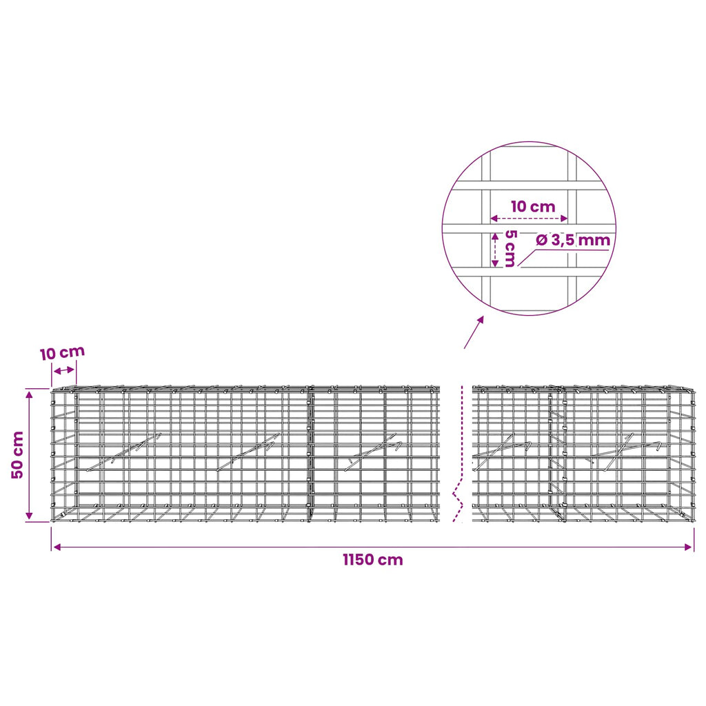 vidaXL Gabion z drutu 3,5 mm i siatką 5x10 cm 1150x10x50 cm