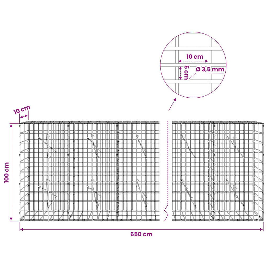 vidaXL Gabion z drutu 3,5 mm i siatką 5x10 cm 650x10x100 cm