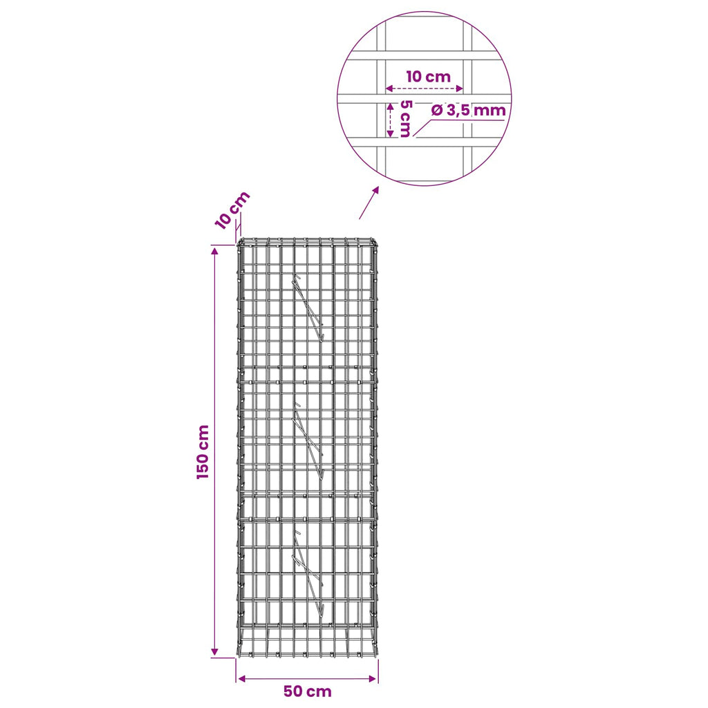 vidaXL Gabion z drutu 3,5 mm i siatką 5x10 cm 50x10x150 cm