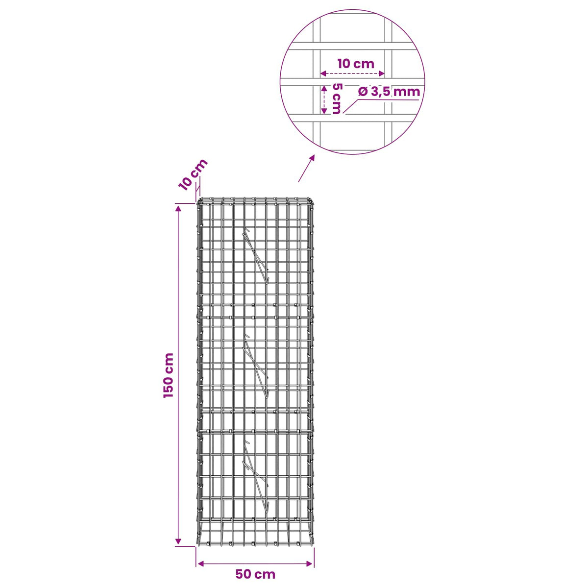 vidaXL Gabion z drutu 3,5 mm i siatką 5x10 cm 50x10x150 cm
