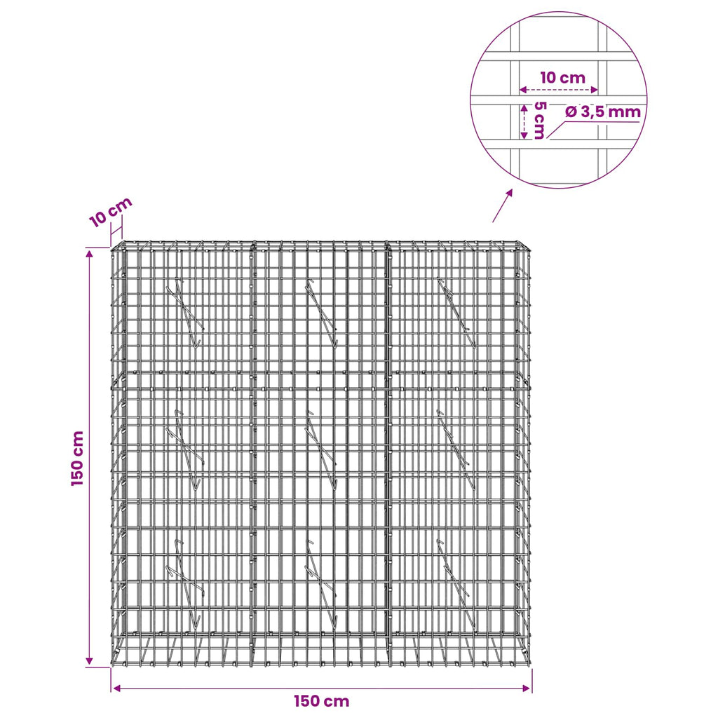 vidaXL Gabion z drutu 3,5 mm i siatką 5x10 cm 150x10x150 cm
