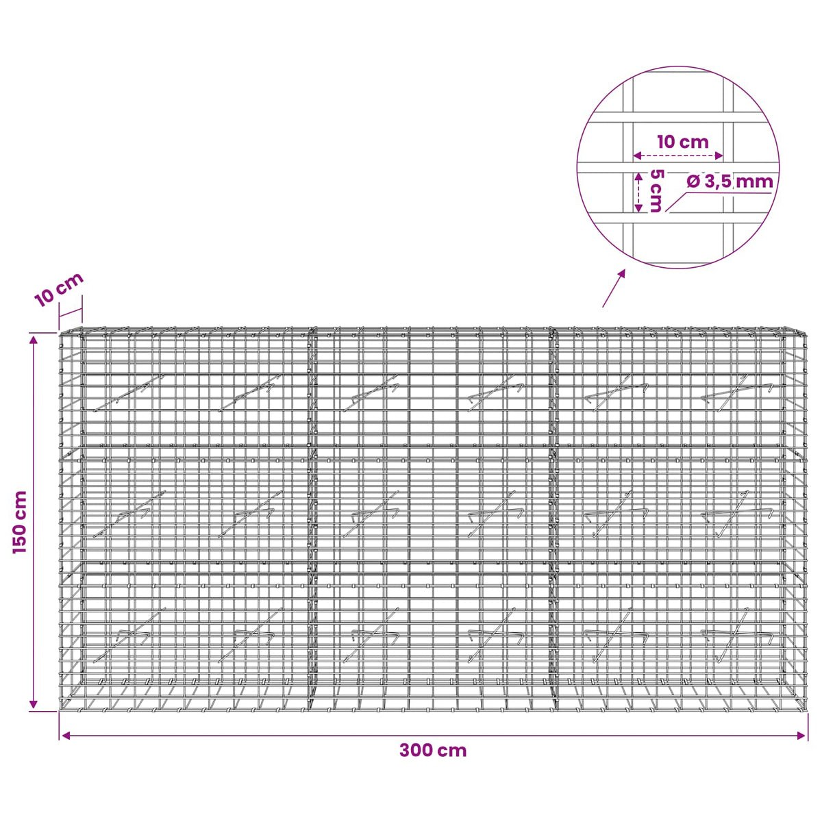 vidaXL Gabion z drutu 3,5 mm i siatką 5x10 cm 300x10x150 cm