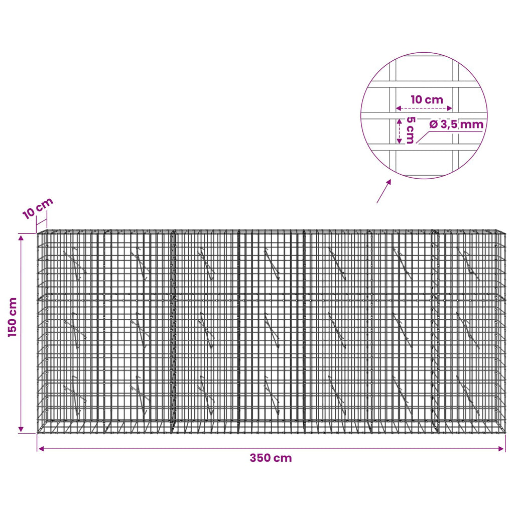 vidaXL Gabion z drutu 3,5 mm i siatką 5x10 cm 350x10x150 cm