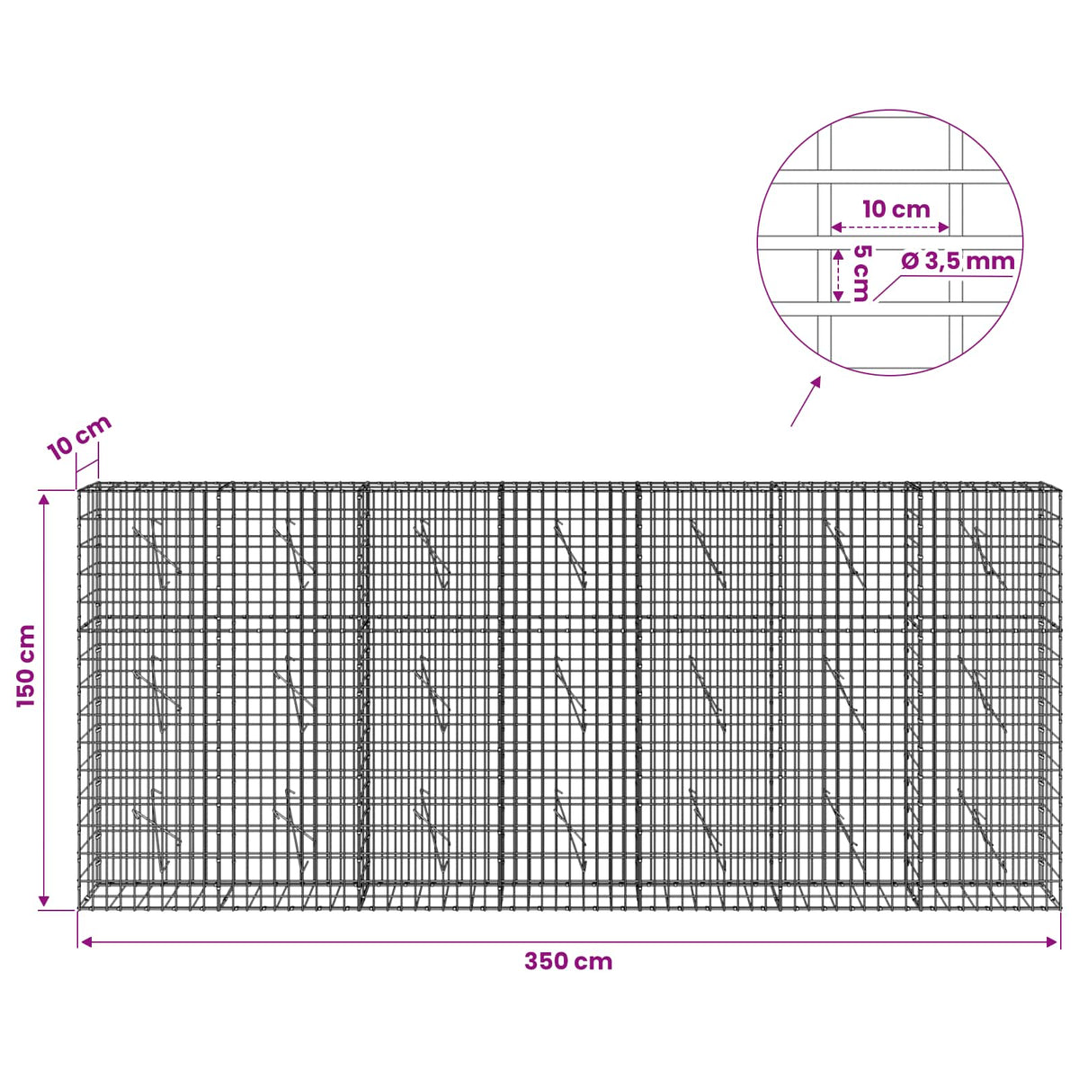 vidaXL Gabion z drutu 3,5 mm i siatką 5x10 cm 350x10x150 cm