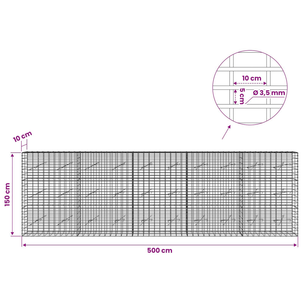 vidaXL Gabion z drutu 3,5 mm i siatką 5x10 cm 500x10x150 cm