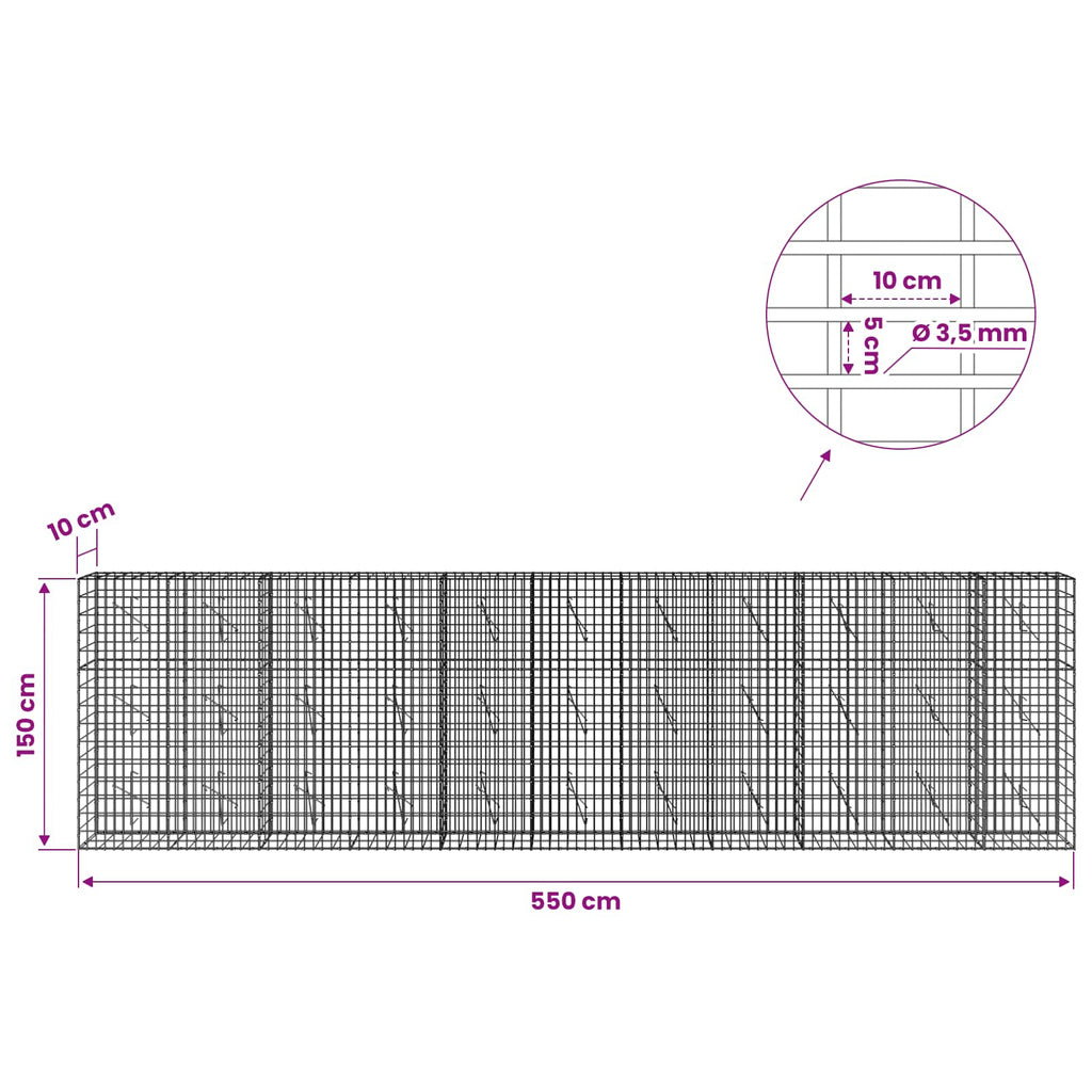 vidaXL Gabion z drutu 3,5 mm i siatką 5x10 cm 550x10x150 cm