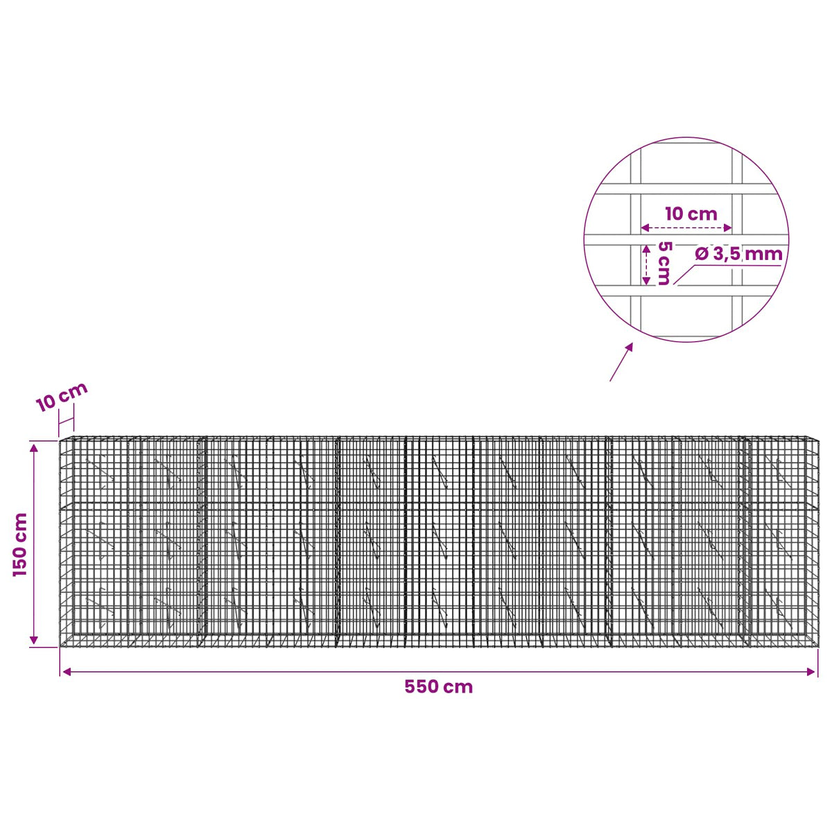 vidaXL Gabion z drutu 3,5 mm i siatką 5x10 cm 550x10x150 cm