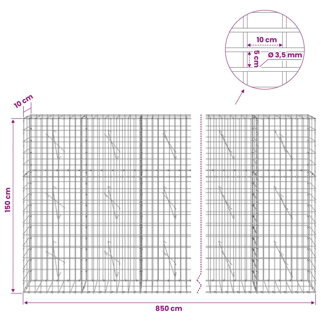 vidaXL Gabion z drutu 3,5 mm i siatką 5x10 cm 850x10x150 cm